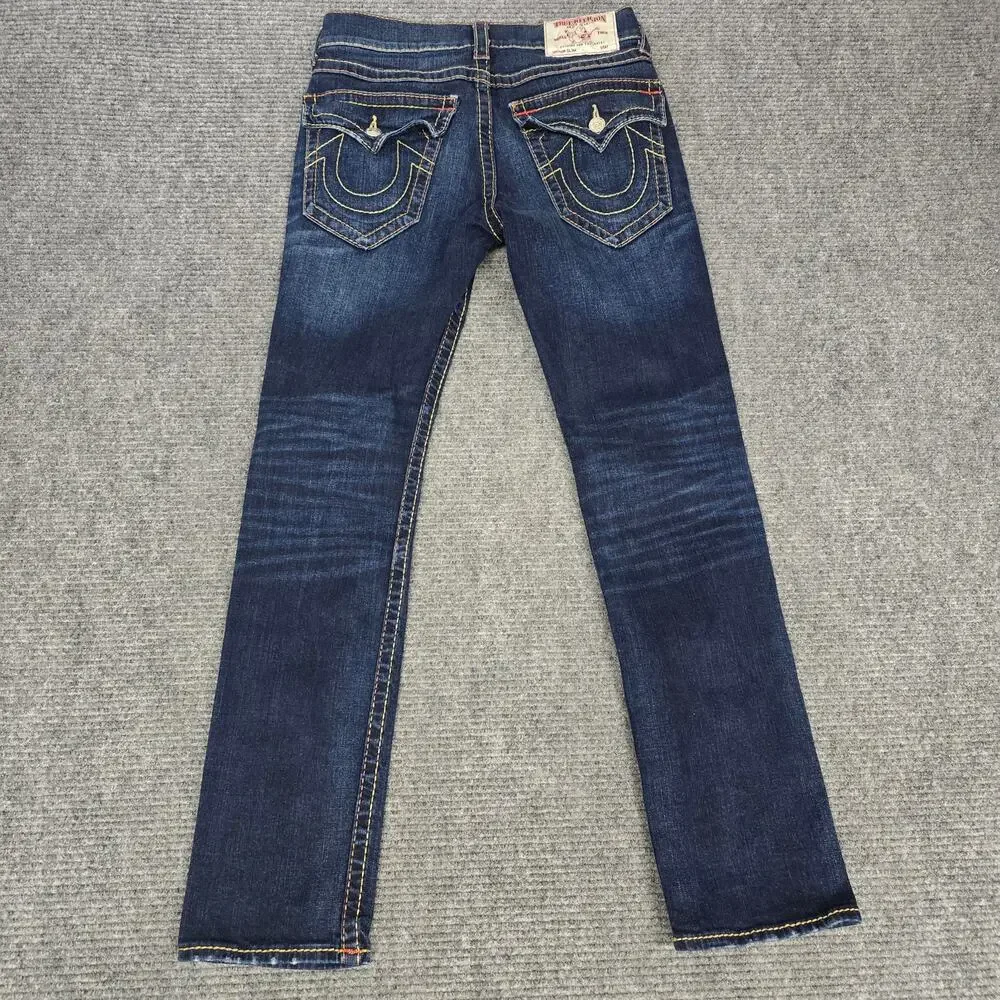 True Religion Jeans Mens 32x33 Slim Flap Big T Dark Wash Red Stitch Denim